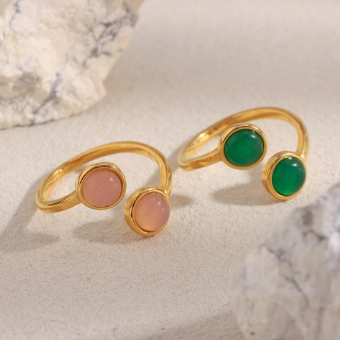 Agate Open Ring 18K Gold Plated Stainless Steel French Vintage Adjustable Gemstone Jewelry For Women