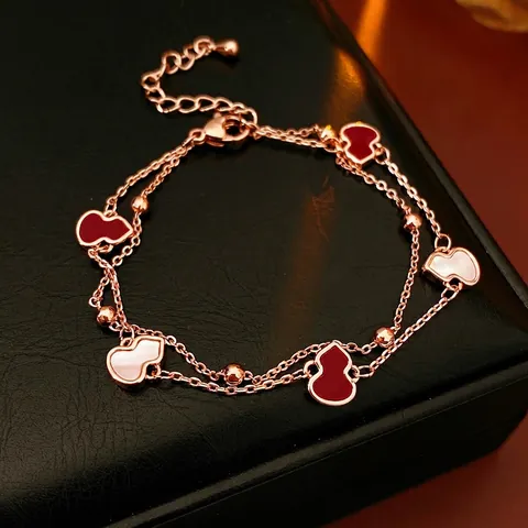 Bracciale A Doppio Strato Placcato Oro Rosa Rame Zucca Conchiglia Smalto Rosso Ciondoli Donna Moda Vintage Elegante Gioielli