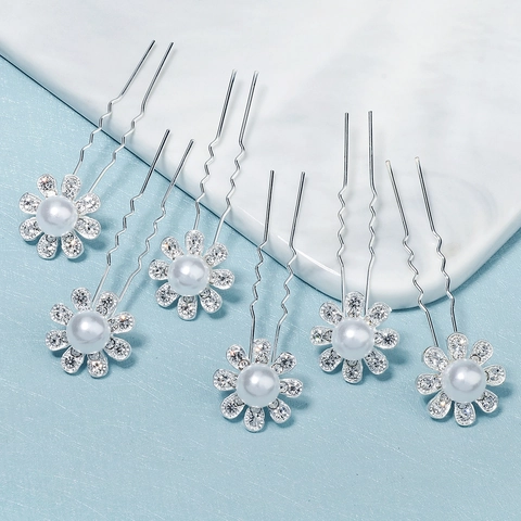Palillos para el Cabello de Flores Plateadas para Mujer Novia Boda Diamantes de Imitación Perla Artificial Horquillas en U Joyería Coreana Minimalista