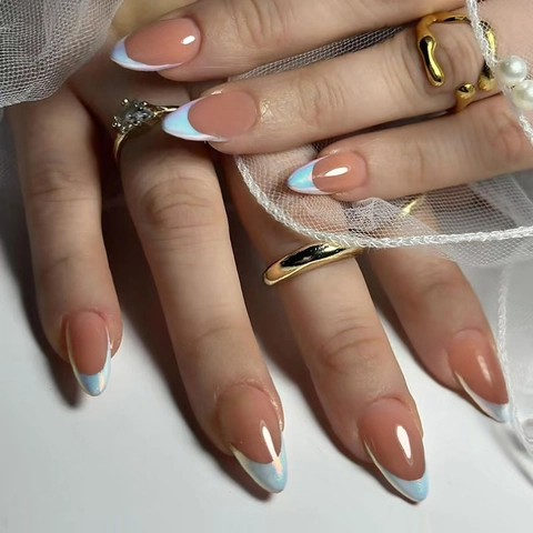 Γαλλικό Στυλ Almond Press On Νύχια ABS Aurora Artificial Pearl Μπλε Μύτες Nude Ροζ Αποσπώμενο Μανικιούρ Για Γυναίκες