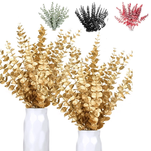 Artificial Eucalyptus Leaves Stems Metallic Plastic Foliage For Home Wedding Christmas Party Decor Flower Arrangement