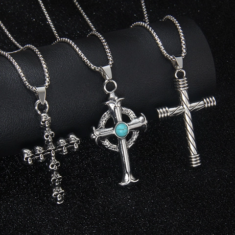 Cross Pendant Necklace Retro Hip Hop Gothic Punk Alloy Wings Skull Stainless Steel Chain For Men Women