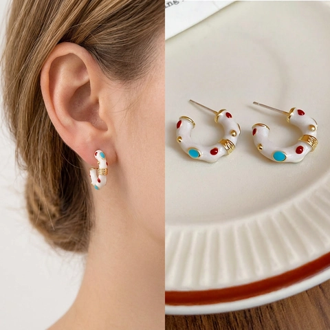 Retro Franse C-Vorm Emaille Hoop Oorbellen Met 925 Sterling Zilveren Oorsteker Kleurrijke Stippen Dames Sieraden