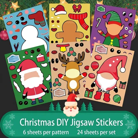 Adesivi Di Natale Crea Una Faccia Puzzle Cartone Animato Babbo Natale Renna Pupazzo Di Neve Attività Per Bambini Carta Adesiva