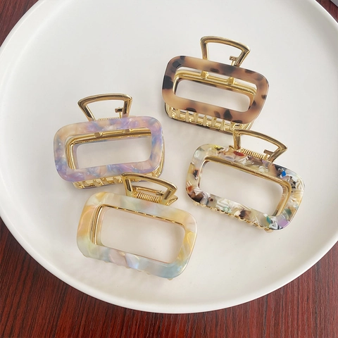 Pinzas Para El Cabello De Acetato Rectangulares Huecas Agarre Fuerte Antideslizantes Geométricas Clip Tiburón Retro Elegantes Mujeres