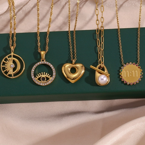 Hanger Ketting Roestvrij Staal Verguld Boze Oog Hart Engelgetal Zon Maan Zirkoon Mode Sieraden Voor Dames