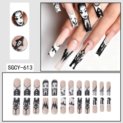 Faux Ongles Halloween Style Gothique Noir Blanc Longue Forme Cercueil Dessin Animé Chauve-Souris Araignée Pour Femmes