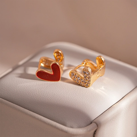 Herz Huggie Creolen Kupfer Zirkon Rote Emaille Mit Silver Earring Post Doppelseitig Vintage Elegant Für Damen