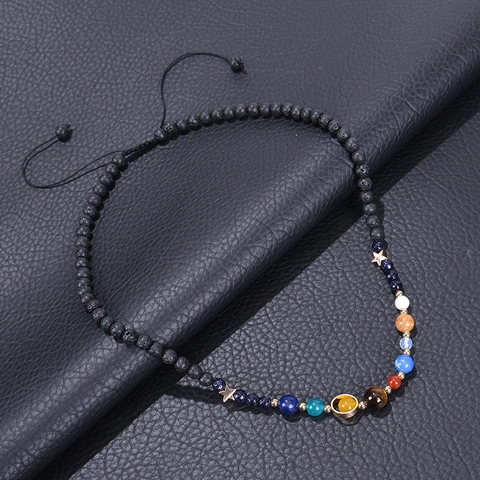 Solar System Eight Planets Beaded Necklace Natural Gemstone Lava Stone Universe Galaxy Theme Adjustable Jewelry Unisex