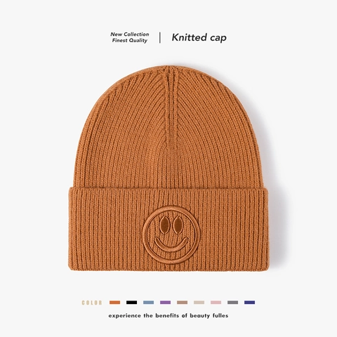 Smiley Face Embroidery Ribbed Knit Beanie Winter Warm Sheep Wool Blend Cuffed Skull Cap For Men Women Casual Outdoor