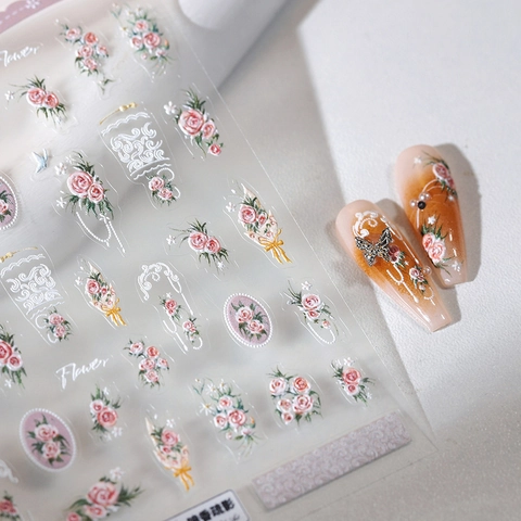 Nail Stickers 5D Embossed Rose Flower Lace Vintage French Style Self Adhesive 3D Relief Manicure Decoration For Women