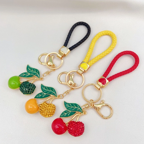 Porte-clés In Lega Frutta Ciliegia Con Strass Foglia Smaltata Cordino In Pelle PU Intrecciata Per Donna Ciondolo Borsa