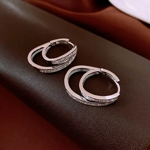 Doppelschichtige Creolen Aus Kupfer Mit Zirkonia Und Silbernem Ohrstecker Geometrischer Minimalistischer Schmuck