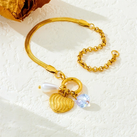 Bracciale Da Donna In Acciaio Inossidabile Placcato Oro Catena Giuntata Elegante Cuore Perla Artificial Cristallo Ciondoli Geometrici