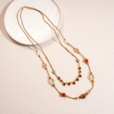 Collar De Cuentas De Doble Capa Cerámica Vidrio Resina Colgante De Flor Retro Bohemio Étnico Cadena Larga Para Mujeres