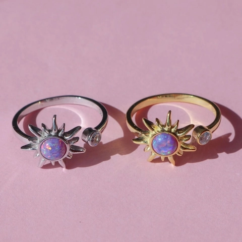 Sunburst Sun Jewelry Necklace Earrings Adjustable Ring Copper Synthetic Opal Cubic Zirconia Bohemian Vintage For Women