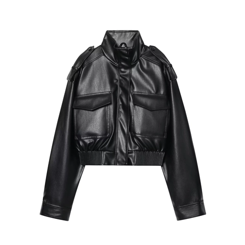 Giacca Corta In Ecopelle PU Da Donna Bomber Moto Collo Alto Spalline Grandi Tasche Streetwear