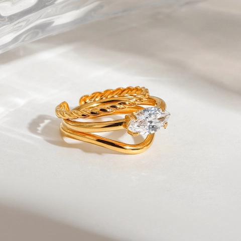 Stainless Steel Marquise Zircon Ring Stackable Gold Plated Twisted Wave Layered Finger Jewelry For Women Luxury Gift