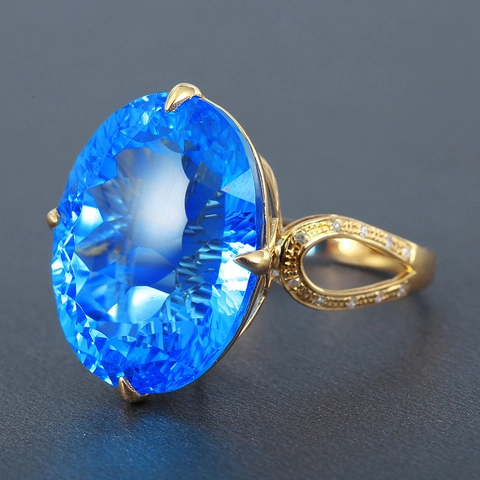 Vintage Ovalen Blauwe Kristallen Ring Koper Verguld Grote Edelsteen Verstelbare Cocktail Vinger Sieraden Voor Dames