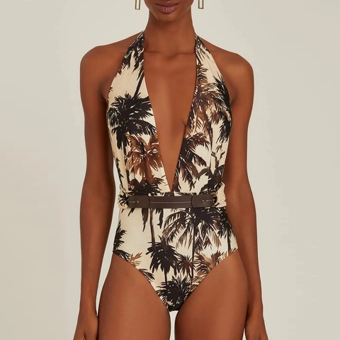 Nylon Women Swimsuit And Skirt Tropical Palm Tree Print Deep V Neck Halter Backless Retro Bathing Suit