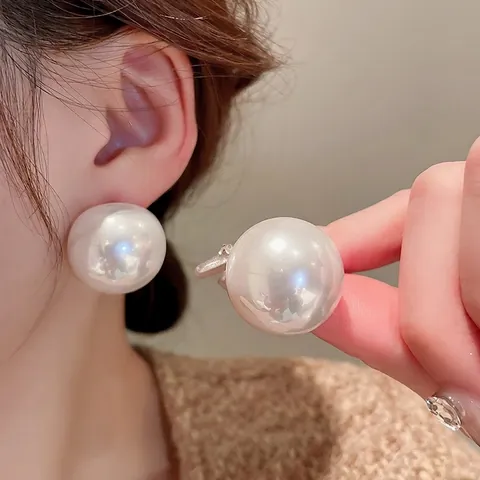 Oversized Round Ball Stud Earrings With Silver Earring Post Alloy Faux Shell Artificial Pearl Minimalist Fashion For Women