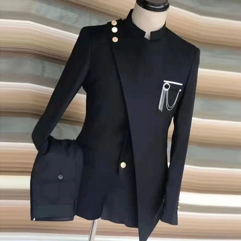 Men Business Suit Stand Collar Asymmetrical Metal Button Chain Brooch Polyester Blend Banquet Wedding Slim Fit