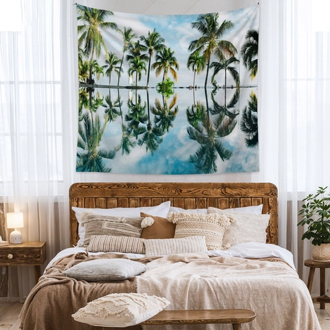 Wandteppich Polyester Tropische Palmen Reflexion Hängende Deko Ästhetische Landschaft Hintergrund Für Schlafzimmer Wohnzimmer