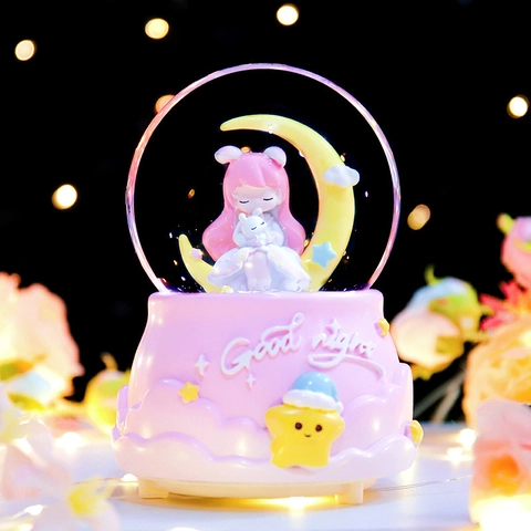 Cartoon Snow Globe Music Box Resin Glass LED Light Up Musical Rotating Automatic Snowfall Dreamy Home Decor Desktop Gift