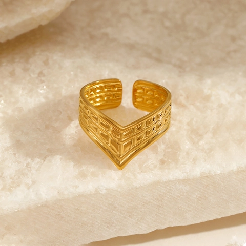 V-Förmiger Verstellbarer Ring Edelstahl 18K Vergoldet Texturiertes Gitter Chevron Offener Fingerschmuck Damen