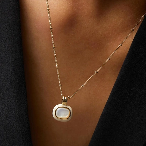 Vintage Enamel Ring Necklace Natural Malachite Mother Of Artificial Pearl 18K Gold Plated Brass Simple Fashion Jewelry For Women