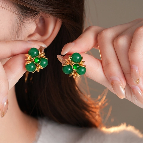 Blumen Ohrstecker Mit 925 Sterling Silber Ohrstecker Kupfer Grüne Perlen Retro Vintage Stil Für Damen
