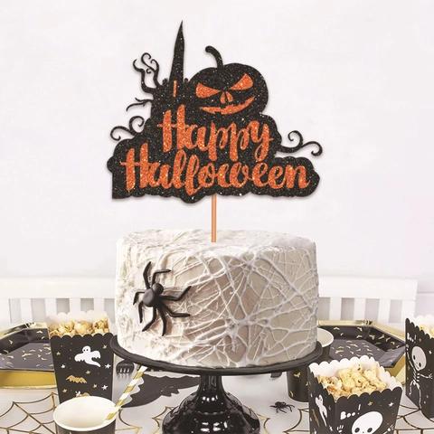 Decorazione Torta Happy Halloween Carta Luccicante Zucca Castello Casa Stregata Silhouette Festa Dessert