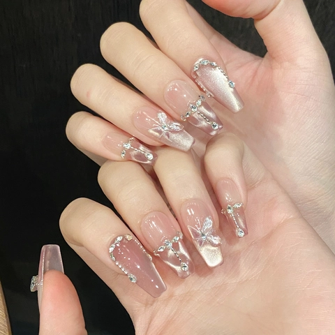 Uñas Postizas Hechas A Mano Rosa Cat Eye Con Adornos De Mariposa 3D Diamantes De Imitación Coffin Largas