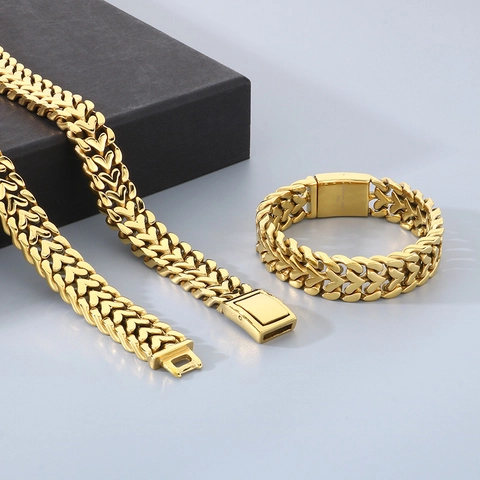 Collar Y Pulsera De Cadena Trenzada Pesada Acero Inoxidable 316L Chapado En Oro 18K Hip Hop Punk Para Hombre