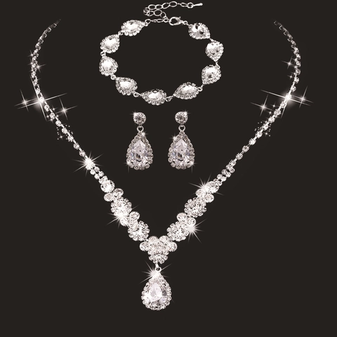 Bridal Jewelry Set Copper Shiny Zircon Rhinestone Water Drop Necklace Earrings Bracelet Ring For Women Wedding Party