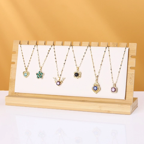 Necklace Display Stand Bamboo Wood Desktop Jewelry Organizer Velvet Leather Multi Slot Pendant Holder L Shape Rack