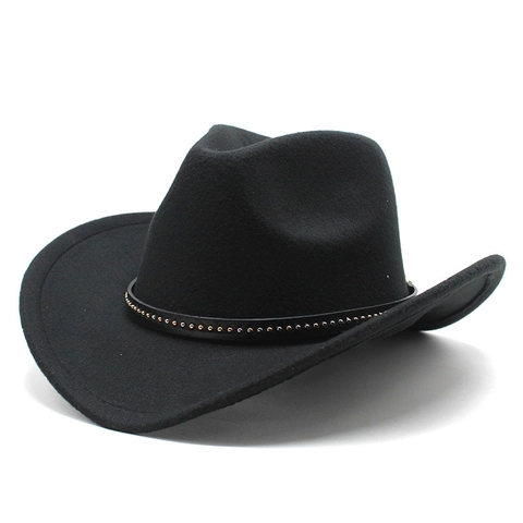 Chapeau Cowboy Western Feutre Laine Bord Large Bande Décorative Rivets Métalliques Style Rétro Jazz Fedora Hommes Femmes