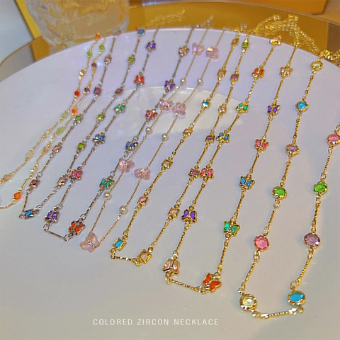 Kleurrijke Zirkoon Ketting Koper Vergulde Sleutelbeen Ketting Met Vlinder Hanger Esthetische Sieraden Voor Dames