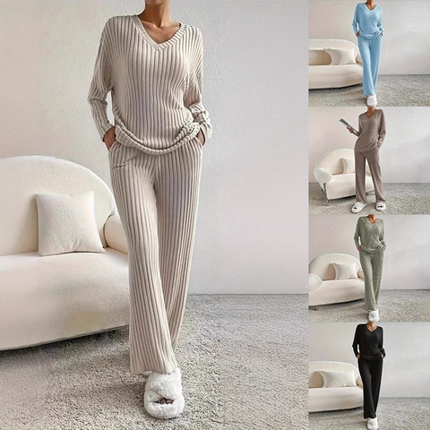Women Ribbed Knit Long Sleeve V-Neck Top And High Waist Wide Leg Pants Loungewear Casual Solid Color Comfortable
