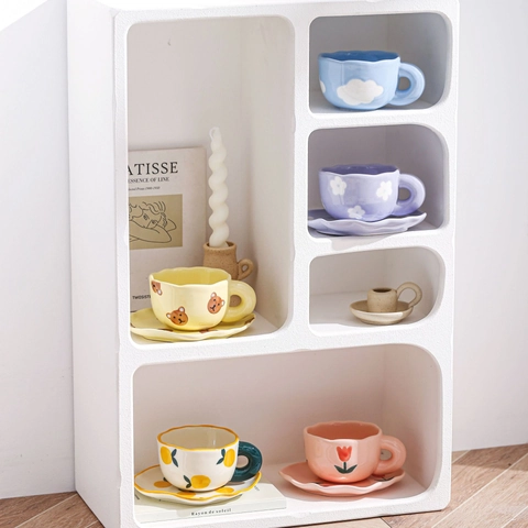 Ceramic Coffee Cup And Saucer Set Hand Painted Cute Bear Tulip Pattern Irregular Hand Pinched Style For Afternoon Tea
