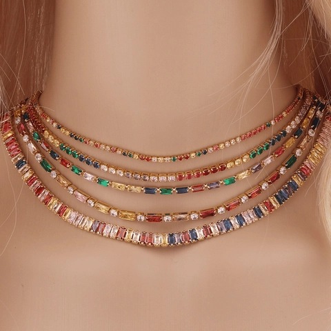 Collier Tennis Pour Femme Avec Zircone Cubique Colorée Cuivre Plaqué Or 18K Bijoux De Mode Choker Arc-En-Ciel
