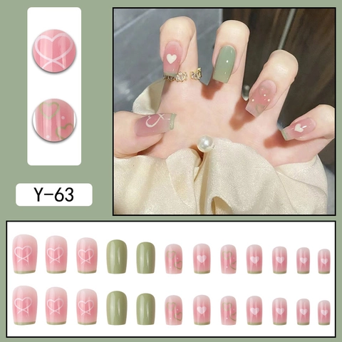 Unghie Finte Press On Motivo Cuore Decorazione Perla Artificial Sfumatura Rosa Verde French Tip Quadrato Arrotondato Rimovibile