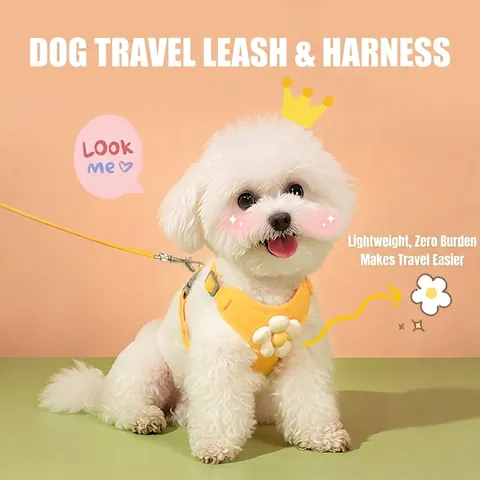 Adjustable Breathable Pet Harness And Leash With 3D Daisy Flower Embroidery Polyester Cotton Corduroy For Small Dogs Cats