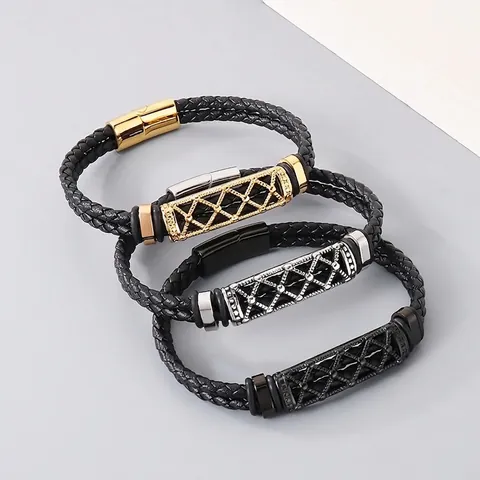 Bracciale Da Uomo In Pelle Intrecciata Multistrato Acciaio Inossidabile Maglia Cava Chiusura Magnetica Gioielli Geometrici Moda
