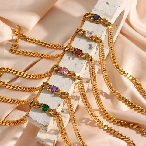 Collar Pulsera De Cadena De Eslabones Cubanos Moda Chapado En Oro 18K Acero Inoxidable Joyería De Circón Redondo Para Mujeres