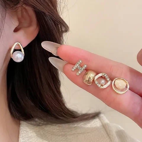 Orecchini In Lega Con Künstliche Perle E Strass Con Pietra Occhio Di Gatto E Perno In Argento Elegante Geometrico Stile Francese