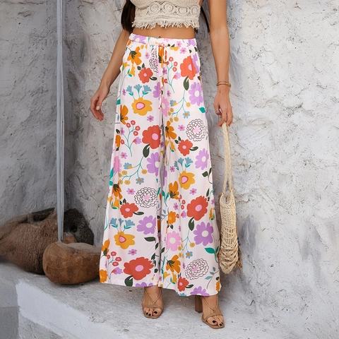 Women Bohemian Wide Leg Pants High Waist Rayon Spandex Drawstring Printed Vacation Casual Long Trousers