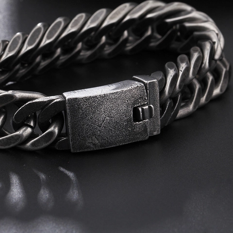 Men Cuban Link Bracelet Stainless Steel Antique Silver Retro Punk Heavy Chain Frosted Texture Jewelry For Father Gift