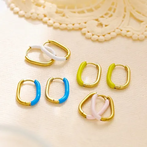 Fashion Stainless Steel Enamel Hoop Earrings For Women U-Shaped Geometric Oval Ear Buckle Colorful Resin Beaded Earrings Jewelry