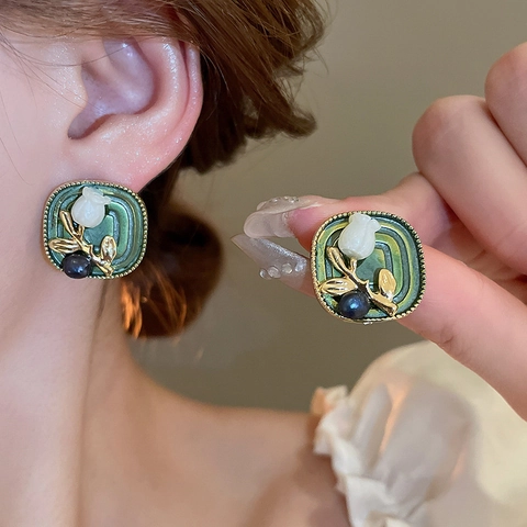 French Vintage Square Tulip Flower Stud Earrings Alloy Green Enamel With 925 Sterling Silver Earring Post For Women